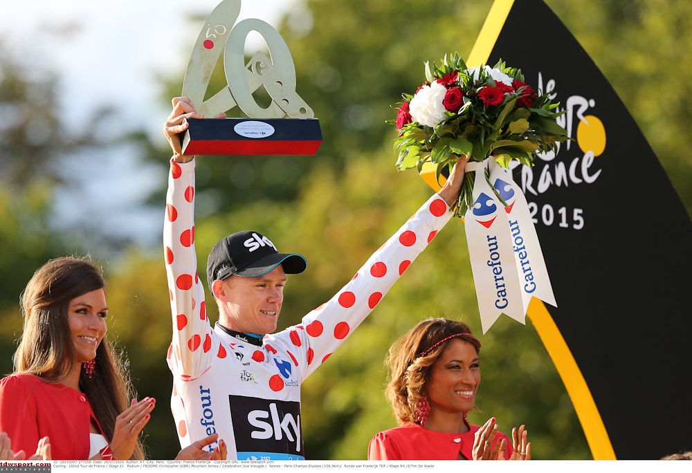 Chris Froome on polka dots on the final podium.