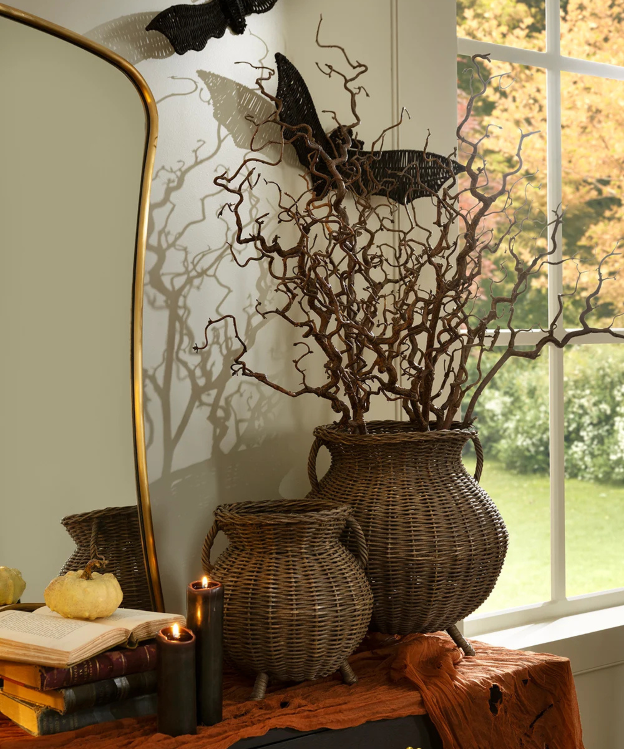 a mantel decorated for Halloween