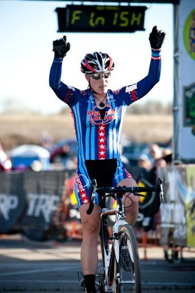 Katie Compton (Planet Bike) solos in with a huge gap for the win.