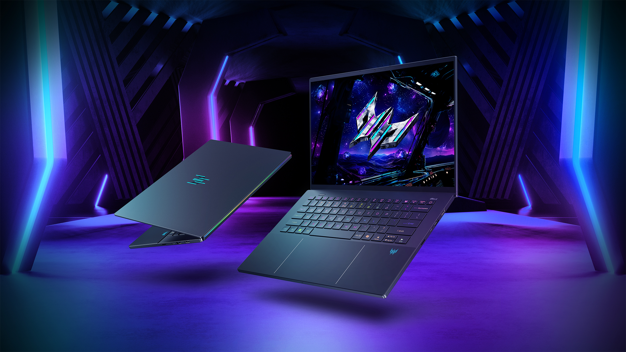 Acer Predator Triton 14 AI gaming laptop against a futuristic blue and purple background.