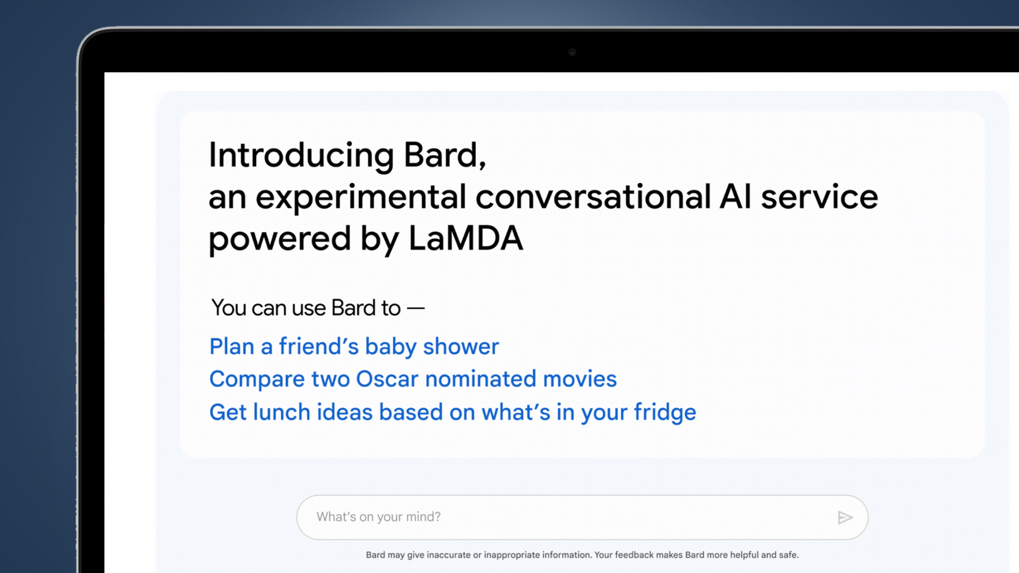 The Google Bard chatbot answering a question on a computerscreen