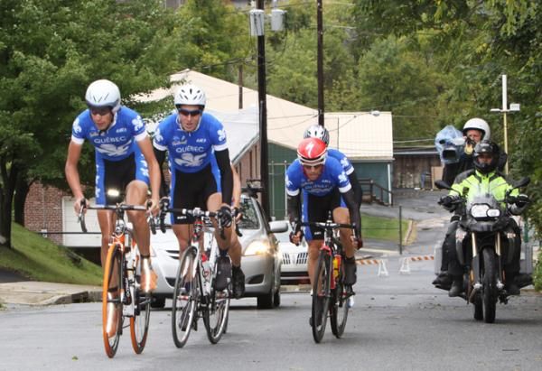 Trek-Livestrong team head down the finish straightaway having shed two riders.