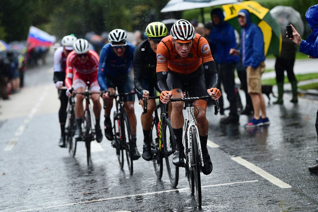 The Netherlands’ Mathieu van der Poel leads what would be the winning breakaway duding the elite men’s road race at the 2019 World Championships in Yorkshire, in the UK, but would later fade to finish more than 10 minutes down on winner Mads Pedersen of Denmark