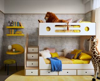 a yellow and grey bedroom with bunkbeds and storage