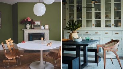 Two green dining rooms with tables and cabinets