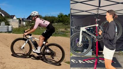 A collage of two images taken from Aenni Faye on instagram of here with what looks like the new Canyon Grail, featuring a much more aerodynamic profile especially around the seat tube. 