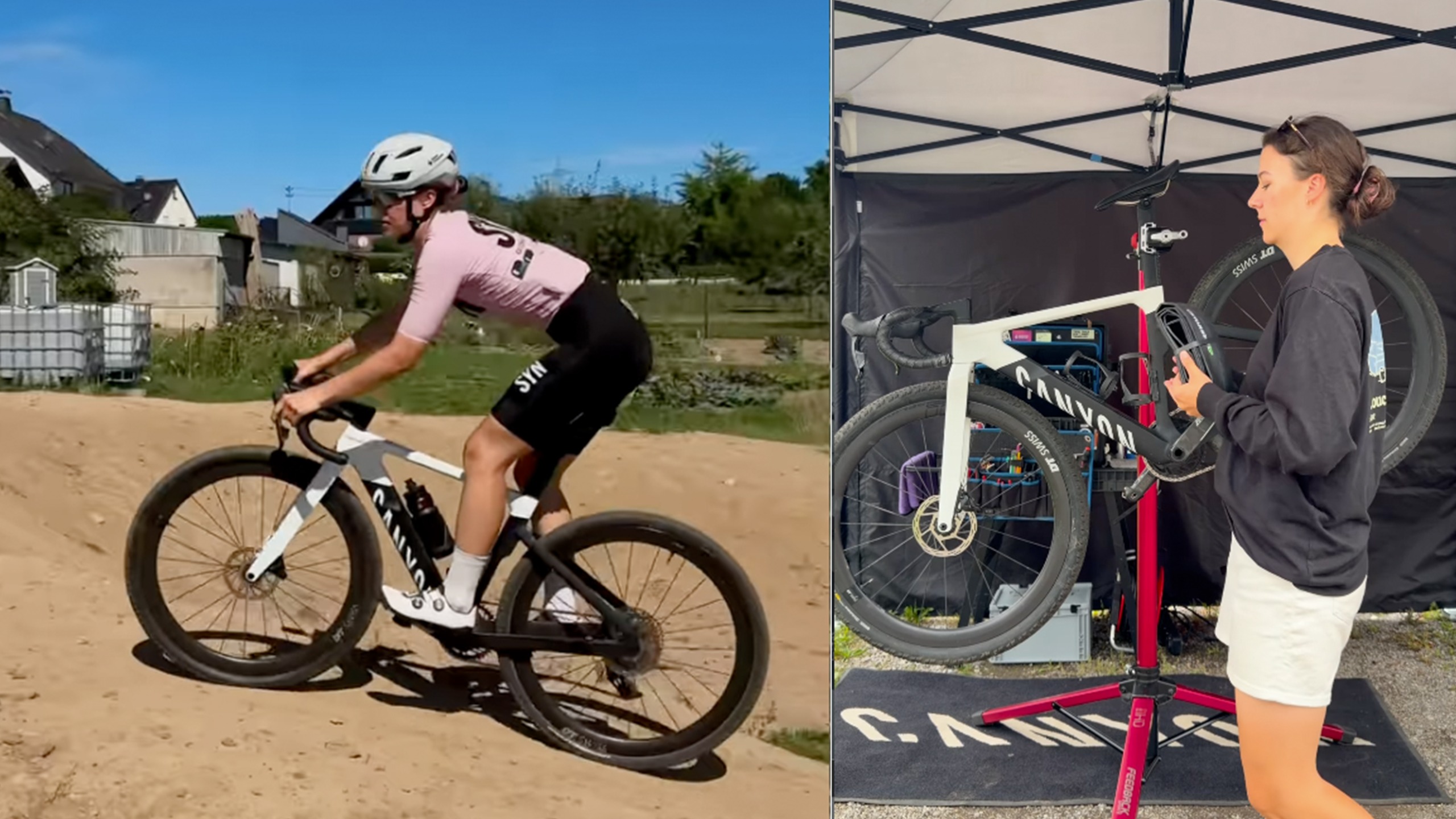 A collage of two images taken from Aenni Faye on instagram of here with what looks like the new Canyon Grail, featuring a much more aerodynamic profile especially around the seat tube. 