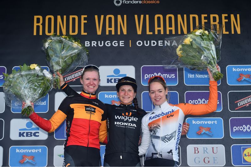 The 2015 women's Tour of Flanders podium: Jolien D'hoore, Elisa Longo Borghini (Wiggle Honda) and Anna van der Bregen (Rabo Liv)