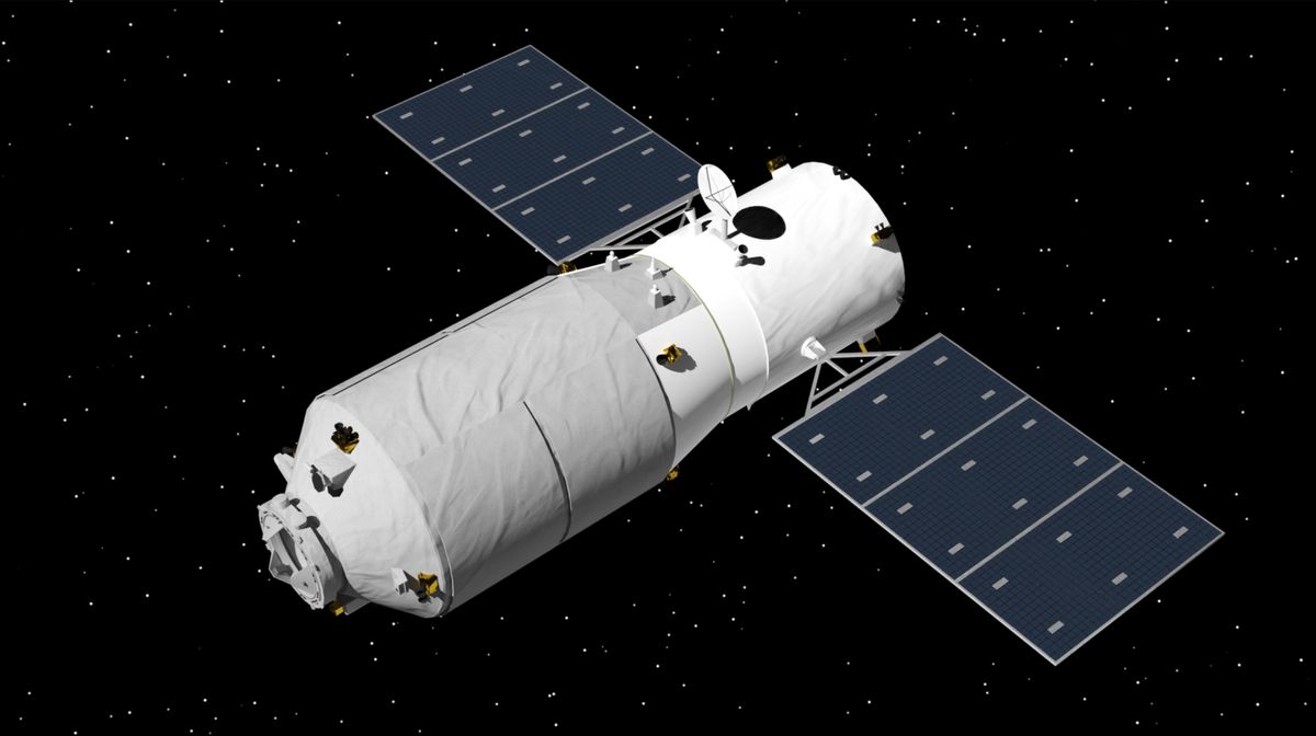 A rendering of a Tianzhou cargo module in space.