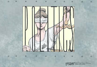 Political Cartoon U.S. Lady Justice immigration due process detained