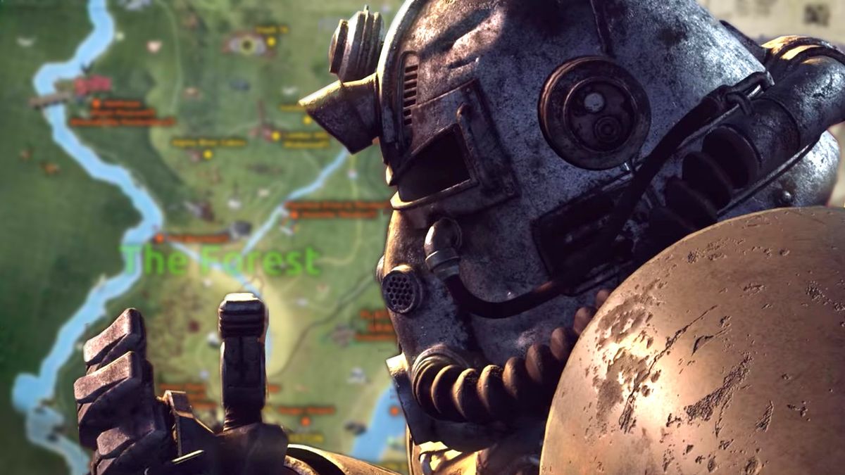 An image illustration of a power-armored individual standing before the fanmade Fallout 76 map.