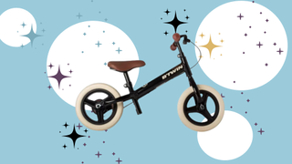 Image of the RUNRIDE 520 CRUISER CHILDREN'S 10-INCH BALANCE BIKE on a canva background of blue with white circles