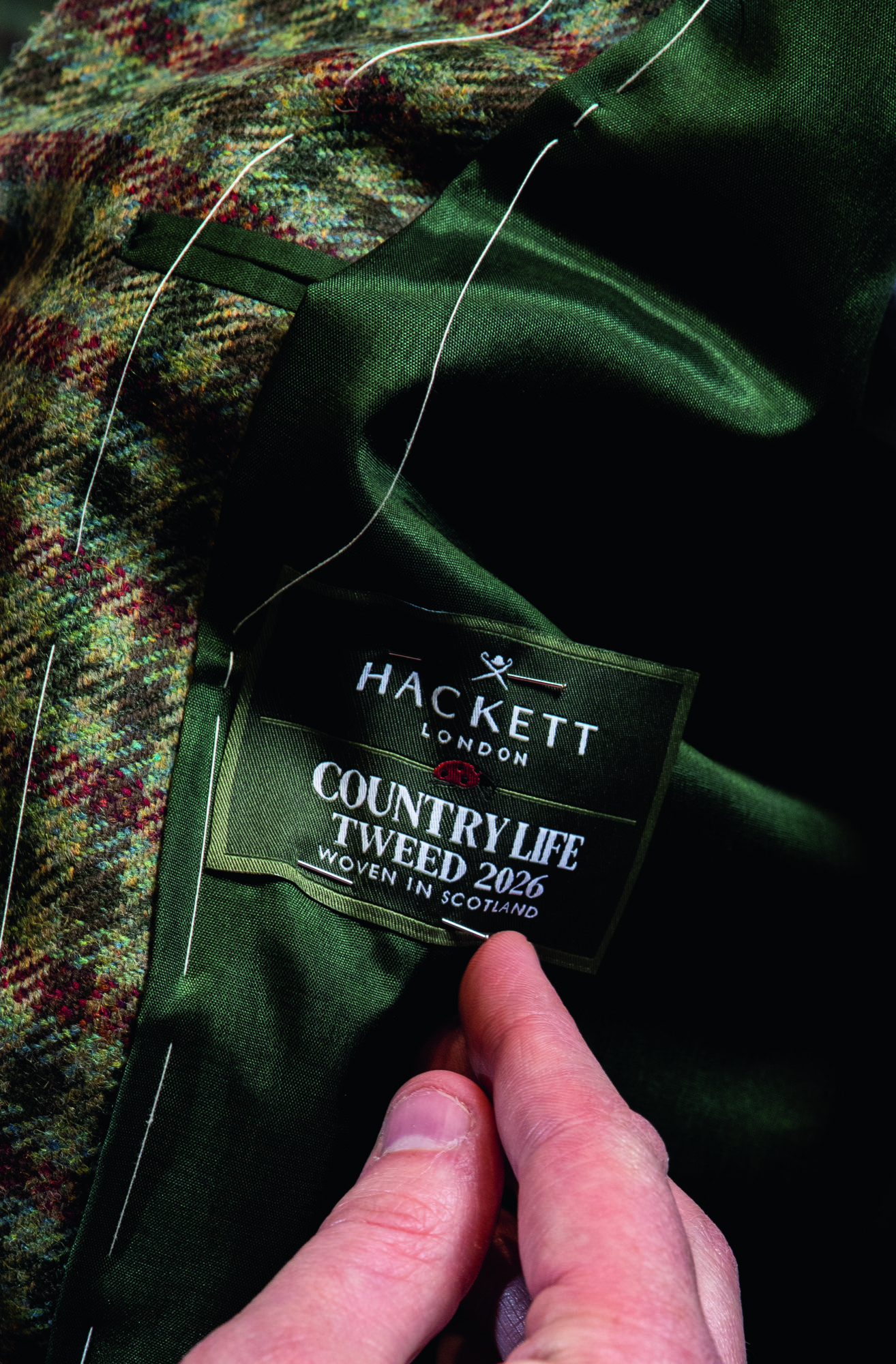 details and shots of the new Country Life tweed, a delightful red and green creation