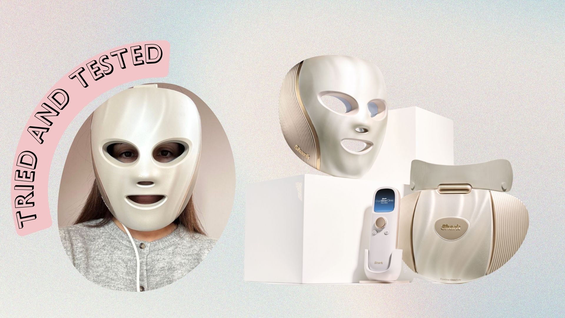 collage of beauty editor Jess testing the mask and a cut out image of the full Shark CryoGlow Clinic system