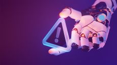 Generative AI attack concept image showing a robotic, AI-controlled hand holding an alert symbol.