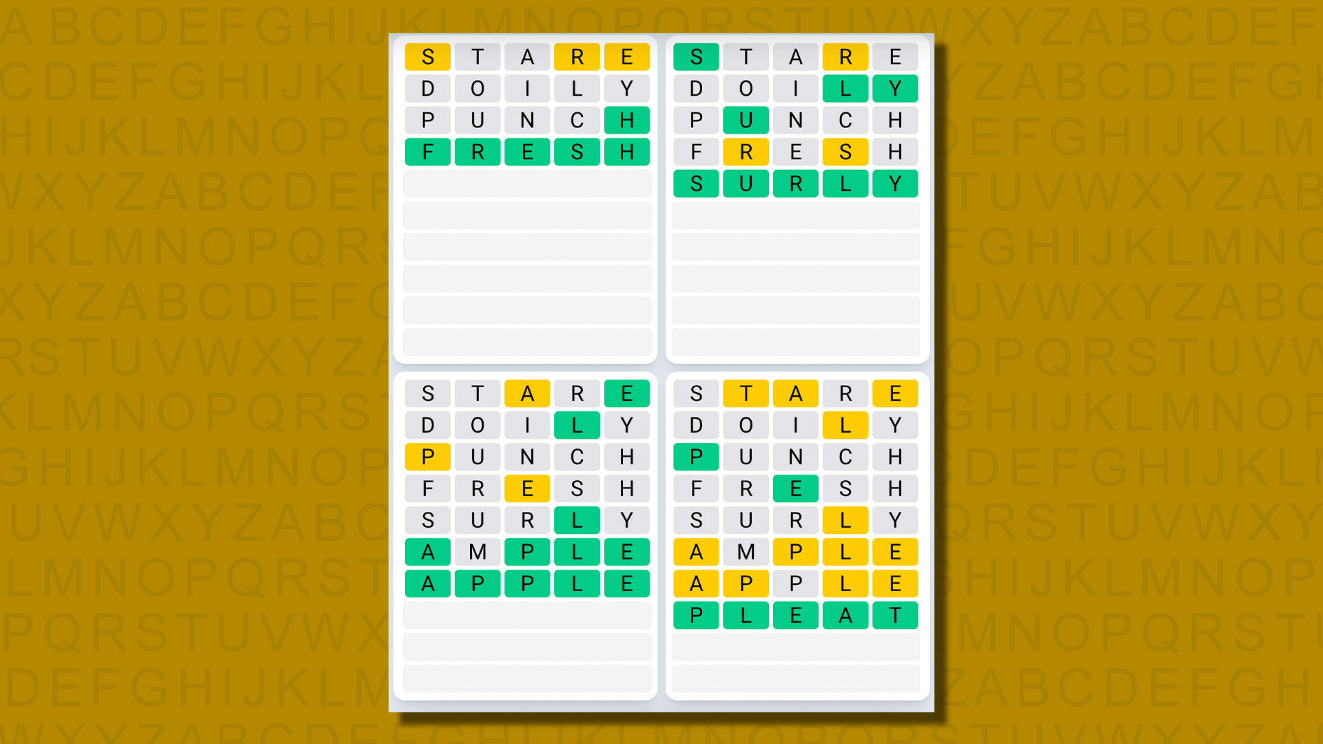 Ежедневная последовательность ответов Quordle для игры 617 на желтом фоне