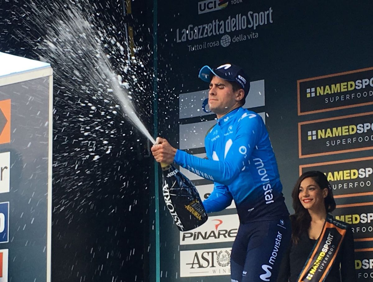 Mikel Landa sprays the champagne after stage 4 of Tirreno-Adriatico