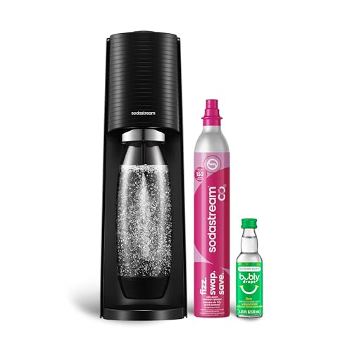 Sodastream Terra Sparkling Water Maker, Starter Kit, Cqc Co2 System, Includes 1 Quick Connect 60l Co2 Cylinder, 1 Dishwasher Safe Bpa Free Bottle, 1 Bubly Lime Drop, Make Your Own Pepsi, Black