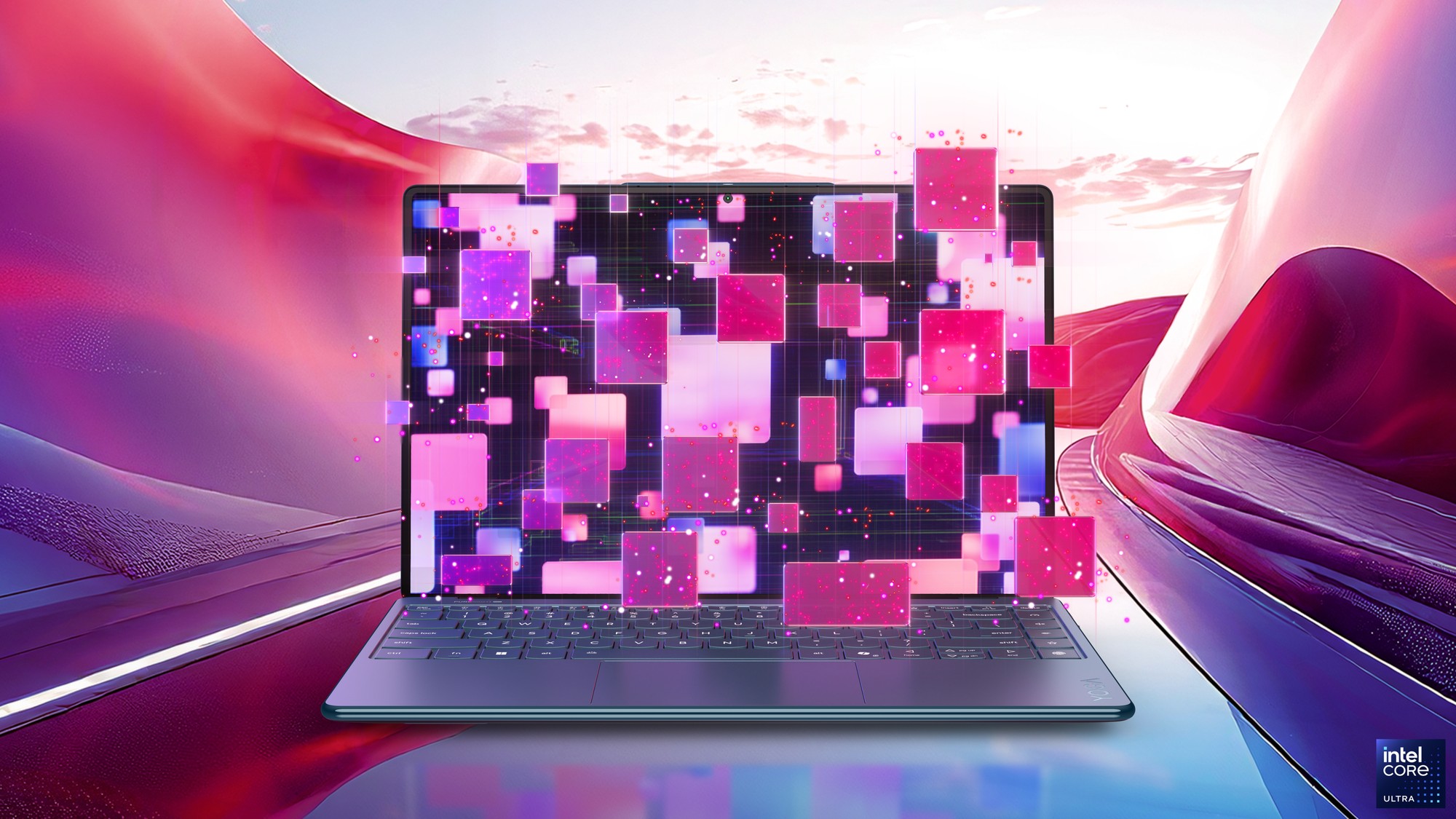 Render of the Lenovo Yoga Slim 9 14 (Gen 10) on a colorful background.