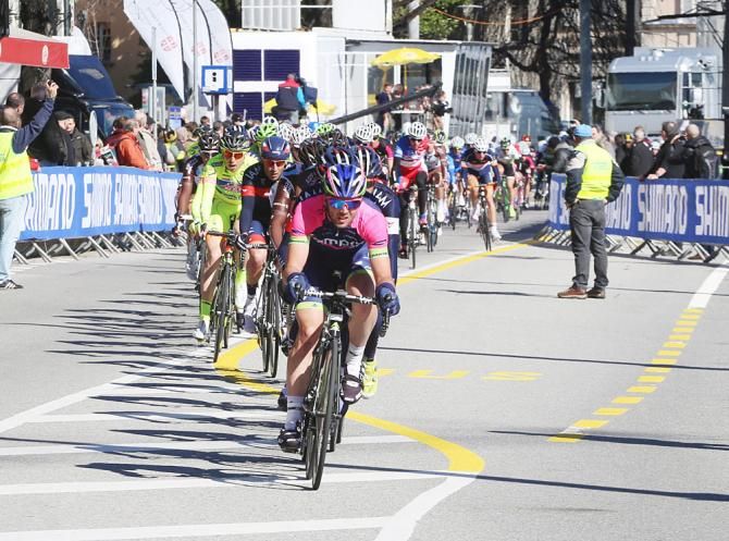 A Lampre rider takes a pull at the front