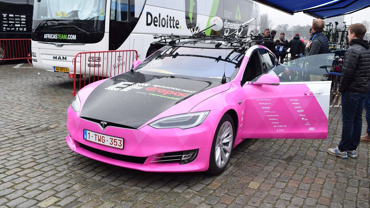 One of the EF Education First-Drapac team cars was an all-electric Tesla
