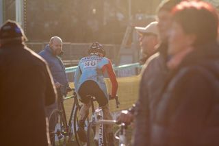 Ian McShane exits the pits at Diegem on a fresh, clean bike. 