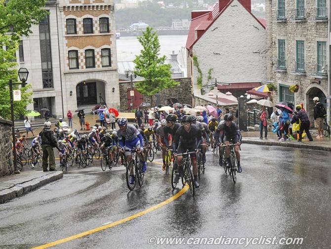 Hincapie Sportswear Development Cycling Team leading the peloton on the climb.