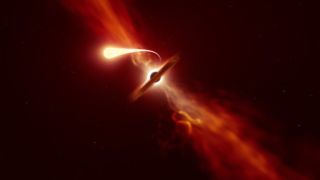 An artist's impression of a star (foreground) being disrupted as it passes close to a supermassive black hole.