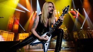 Guitarist Richie Faulkner of the band Judas Priest performs onstage at Toyota Arena on November 07, 2022 in Ontario, California.
