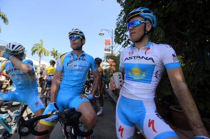 Alexsandr Dyachenko (Astana) after the race enjoys a cool drink