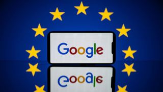 The picture shows a screen displaying the Google logo and the European flag. 