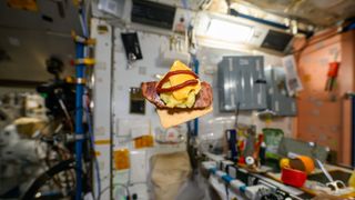a cracker topped with a slice of meat, cheese and a drizzle of red paste, all floating in zero gravity in a space station module lined with wires and computer screens