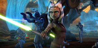 Ahsoka and Captain Rex lead troops in a battle.