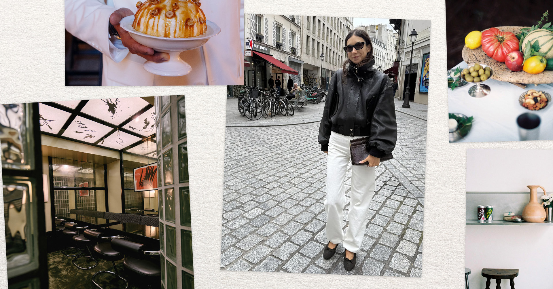 Collage of restaurants in Paris and Melanie Masarin standing in white jeans and a leather jacket.