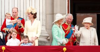 Prince William, Duke of Cambridge, Catherine, Duchess of Cambridge, Prince Louis of Cambridge, Prince George of Cambridge, Princess Charlotte of Cambridge, Camilla, Duchess of Cornwall, Prince Charles, Prince of Wales and Queen Elizabeth II watch a flypast from the balcony of Buckingham Palace during Trooping The Colour, the Queen's annual birthday parade, on June 8, 2019 in London, England