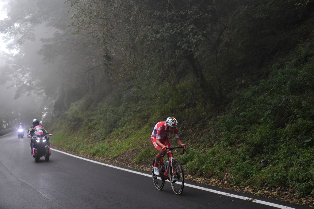 VILLAFRANCA TIRRENA ITALY OCTOBER 06 Simon Pellaud of Switzerland and Team Androni Giocattoli Sidermec Portella Mandrazzi 1125m Fog Breakaway during the 103rd Giro dItalia 2020 Stage 4 a 140km stage from Catania to Villafranca Tirrena girodiitalia Giro on October 06 2020 in Villafranca Tirrena Italy Photo by Tim de WaeleGetty Images