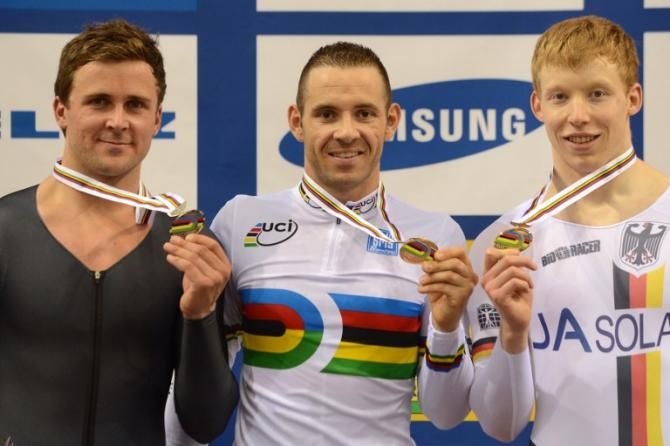 Kilometre time trial world championship podium (L-R): Simon Van Velthooven (New Zealand), 2nd; Francois Pervis (France), 1st; Joachim Eilers (Germany), 3rd