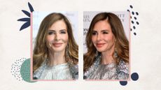 On the left, image of Trinny Woodall smiling with curled brunette hair and wearing silver blouse and sequin blazer, on the right Trinny Woodall smiling with curled brunette hair and wearing silver blouse and sequin blazer stood to the side, on a neutral background with graphics