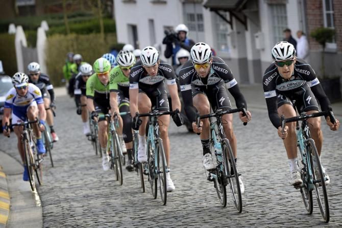 Matteo Trentin (Omega Pharma - Quickstep) sets the pace in the lead group