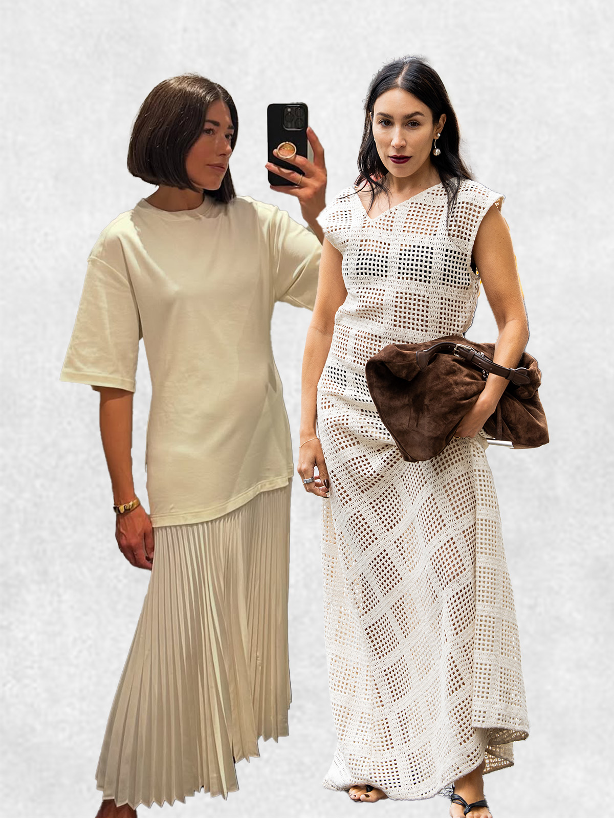 Two women wearing textured dresses.