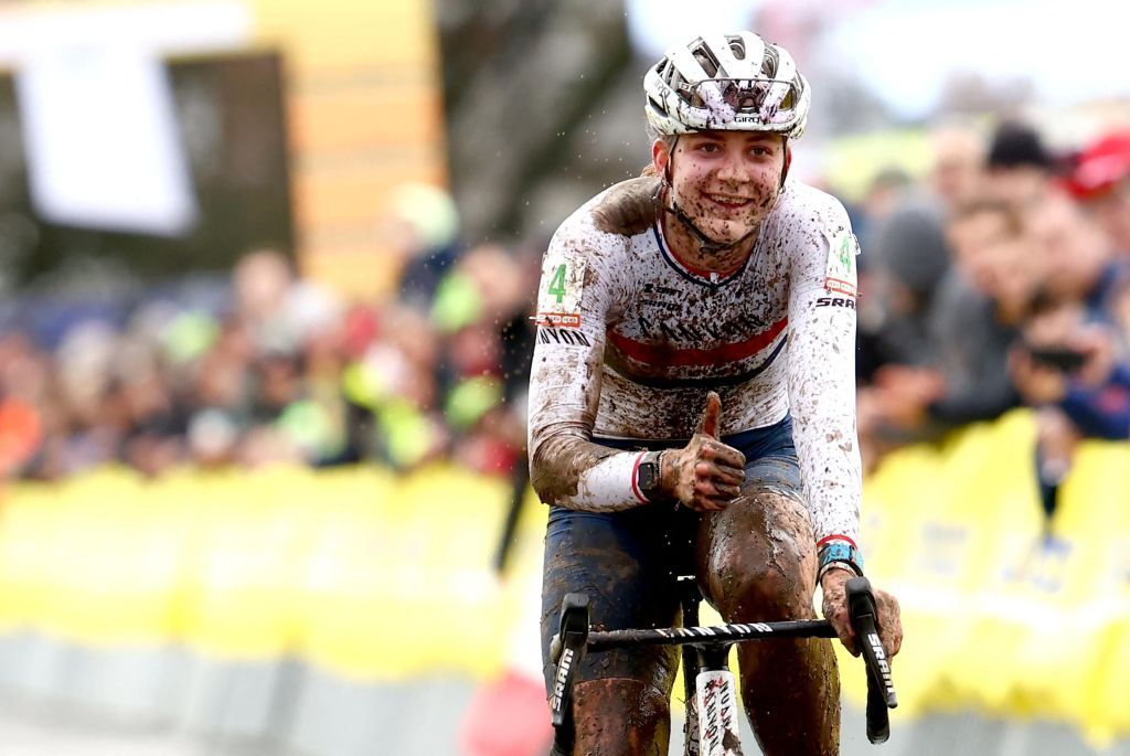 Britain's Zoe Backstedt reacts as she wins the women's elite race at the World Cup cyclocross cycling event in in Gullegem on January 6, 2024 as part of the UCI World Cup cyclocross competition. (Photo by DAVID PINTENS / Belga / AFP) / Belgium OUT