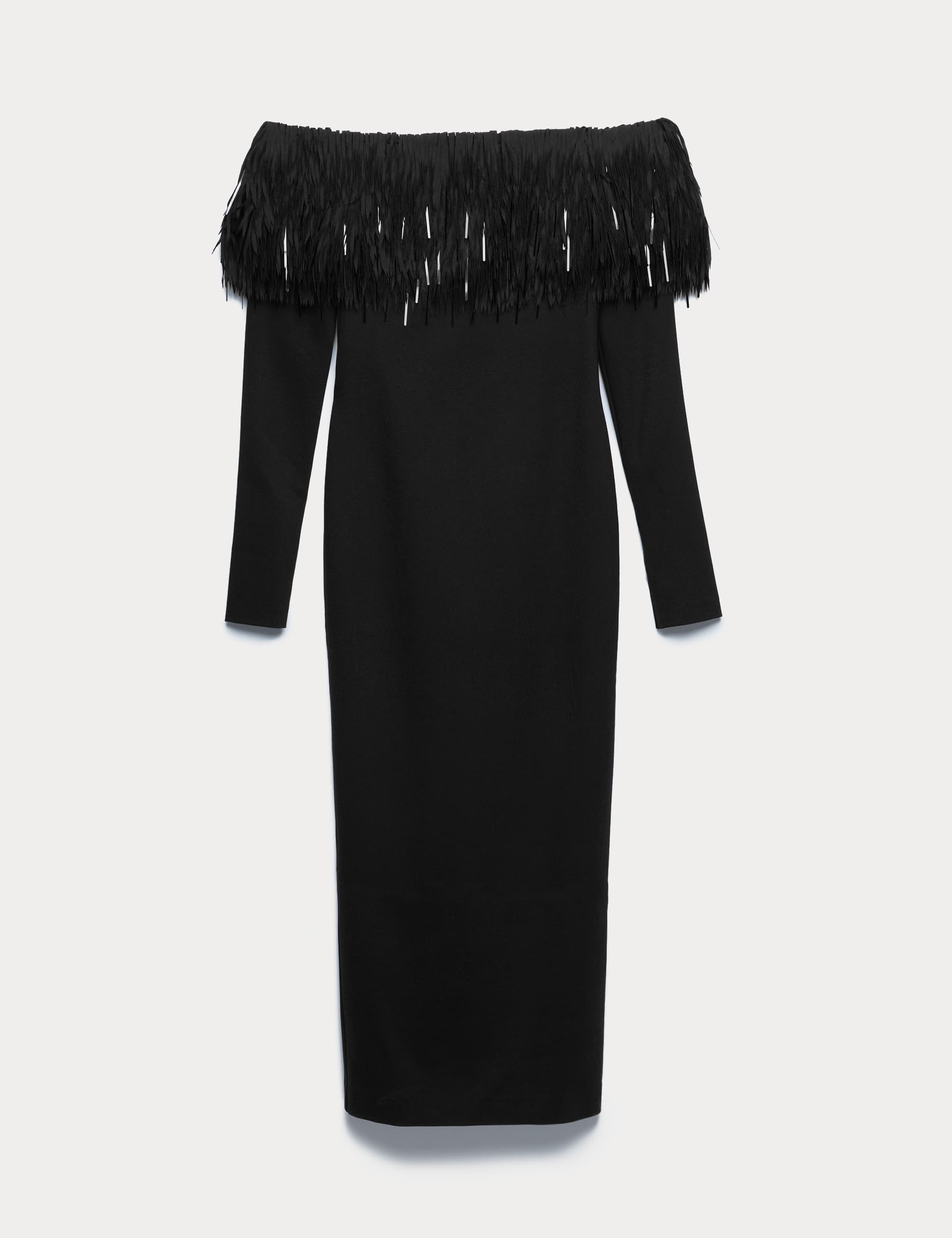 Bardot Feather Fringed Midi Bodycon Dress
