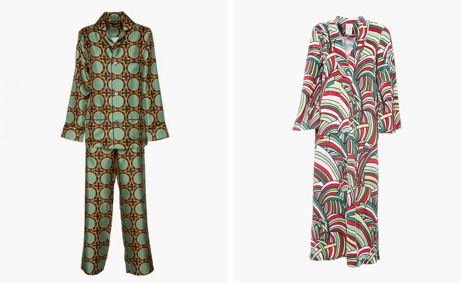 Left, 'Batik Long Pijama'. Right, 'Onde Verdi' terry kaftan