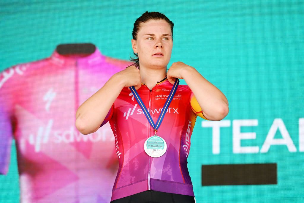 BERGAMO ITALY JULY 06 Lotte Kopecky of Belgium and Team SD Worx on second place poses on the podium ceremony after the 33rd Giro dItalia Donne 2022 Stage 6 a 1147km stage from Sarnico to Bergamo GiroDonne UCIWWT on July 06 2022 in Bergamo Italy Photo by Dario BelingheriGetty Images