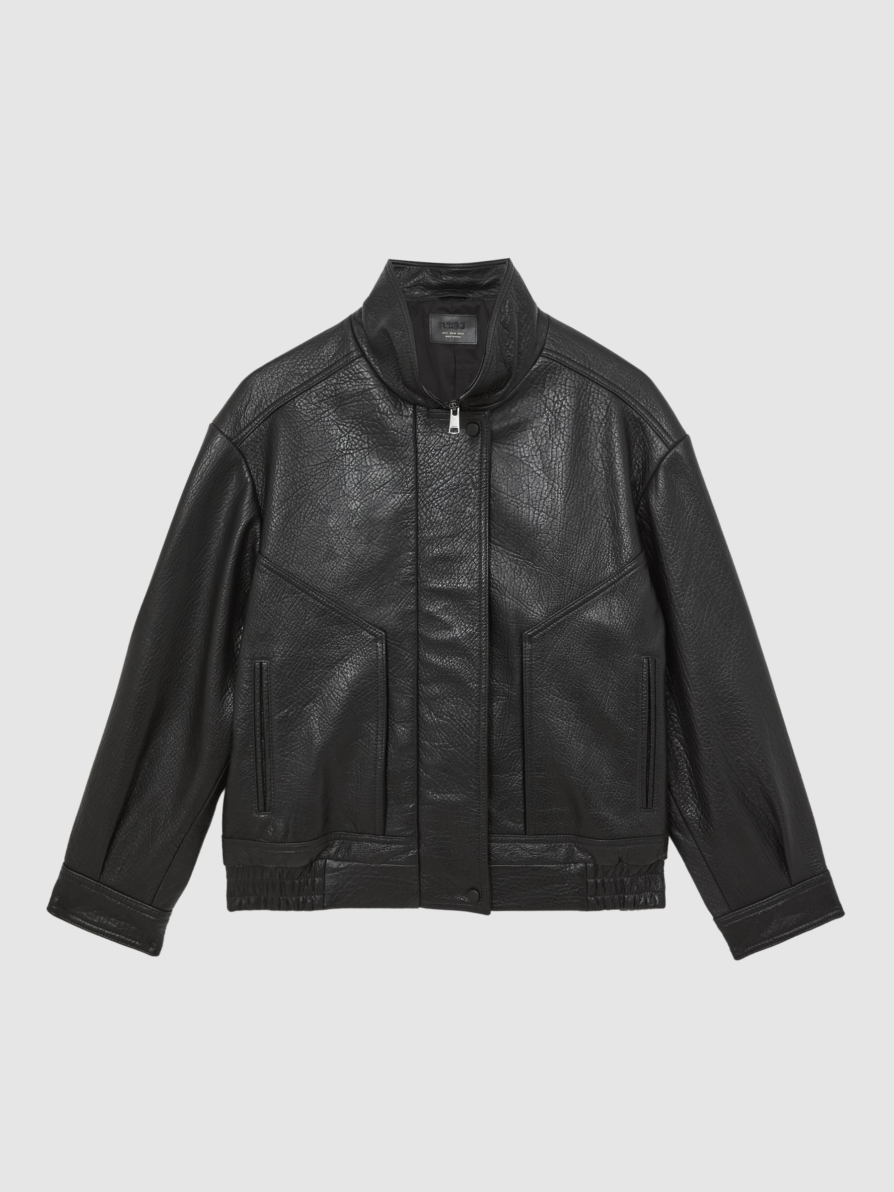 Oversize Grained-Leather Bomber Jacket in Black