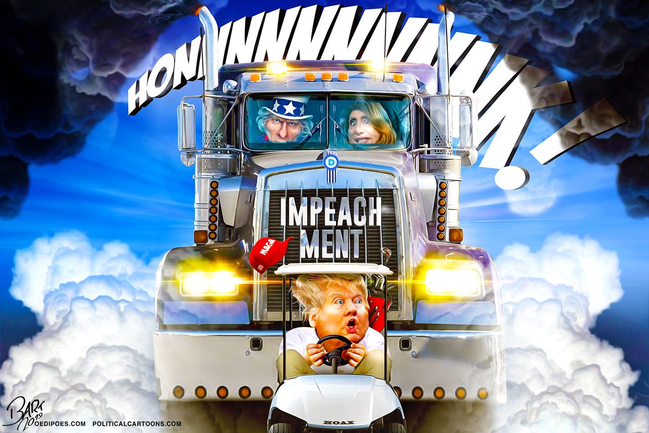 Political Cartoon U.S. Trump Golf Cart Pelosi Truck Tailgating