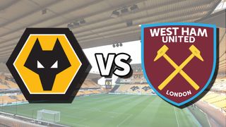 The Wolves and West Ham United club badges on top of a photo of Molineux stadium in Wolverhampton, England