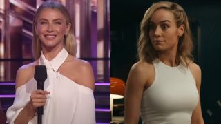 From left to right: Julianne Hough smiling and holding a microphone on Dancing with the Stars and Brie Larson looking wide-eyed to her left in The Marvels.