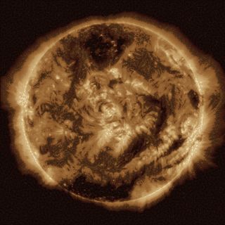 The version of the 100 millionth image from the Advanced Imaging Assembly on NASA's Solar Dynamics Observatory combines hundreds of previous AIA images. All the sun pictures in the mosaic were taken in extreme ultraviolet light with a wavelength of 193 angstroms.
