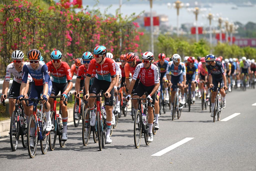 FANGCHENGGANG CHINA OCTOBER 15 LR Liam Slock of Belgium and Team Lotto Dstny and Ruben Fernandez of Spain and Team Cofidis compete during the 5th GreeTour Of Guangxi 2024 Stage 1 a 1493km stage from Fangchenggang to Fangchenggang UCIWT on October 15 2024 in Fangchenggang China Photo by Dario BelingheriGetty Images